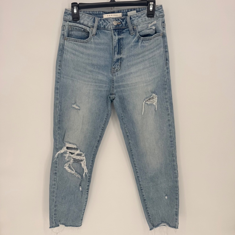 eunina Tobi Super High‎ Rise Mom Jean Crop Light Wash Distressed Denim Size 5
